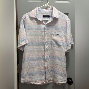 Vineyard Vines Shirt Mens Medium Pink Blue Striped Linen Short Sleeve Button Up